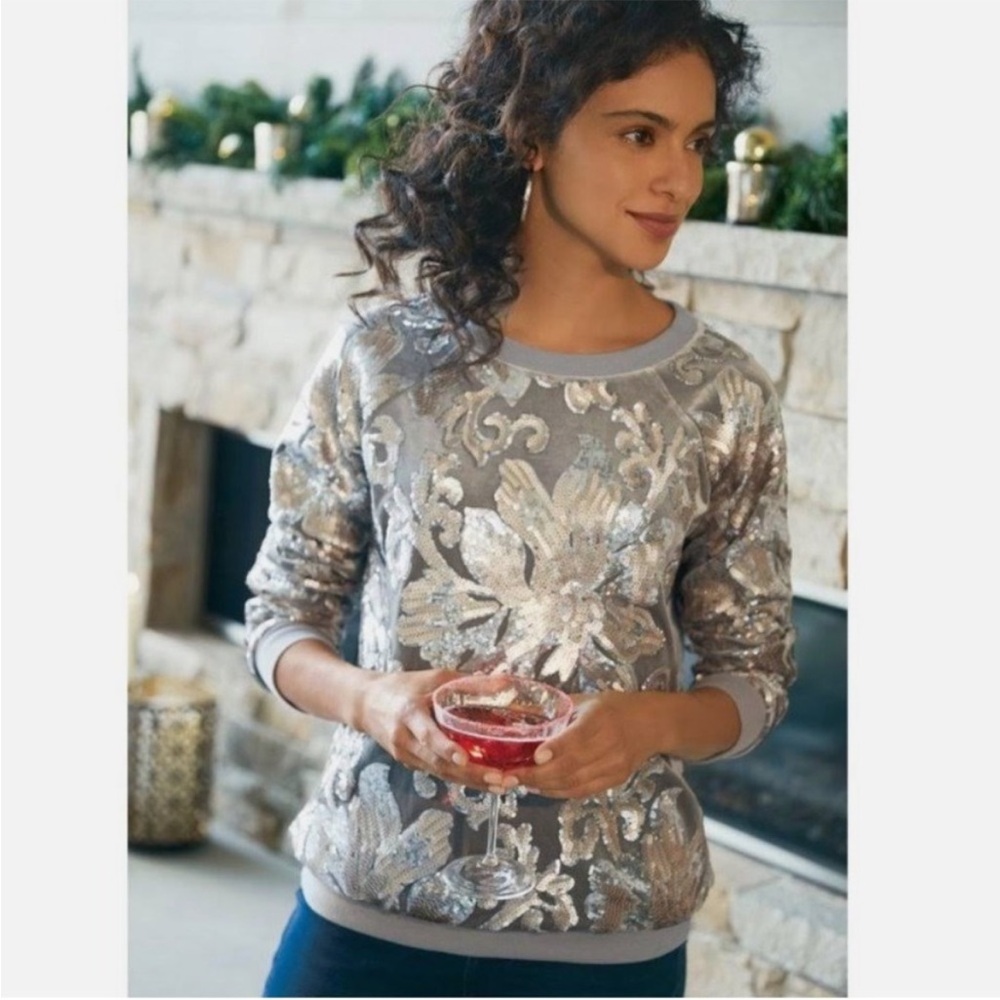 Soft Surroundings Silver Sparkle Sequin Gray Velour Pullover Sweater Medium